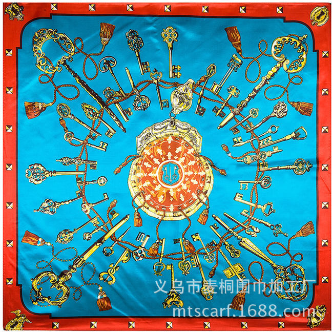 Royal Blue, Rose Red, Yellow Color Silk Scarf Key Pattern Ladies Satin Big Square Printing Scarf Silk Scarf