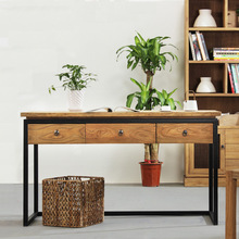 美式风格实木抽屉书桌电脑桌 复古做旧铁艺办公桌写字台工作台