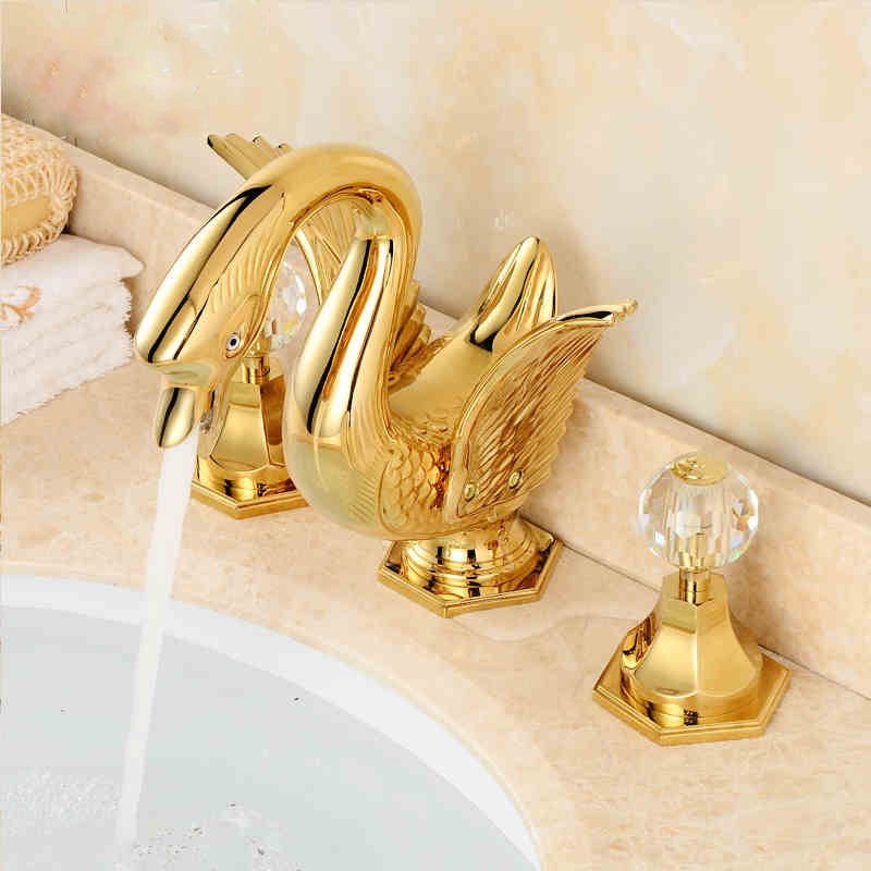 Wide swan shape bathroom basin faucet 3-hole hot and cold water mixing faucet crystal ball handle