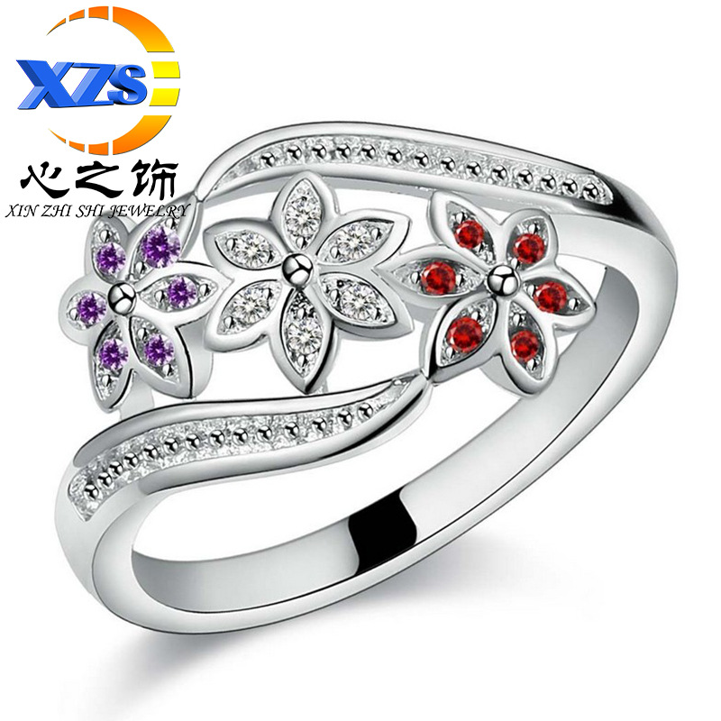 European and American ring women's white red purple ring flower zircon ring manufacturers jewelry jewelry wholesale