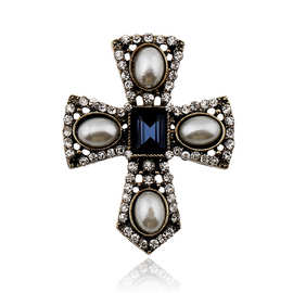 欧美宫廷复古夸张珍珠水晶十字架胸针 衣服配饰胸针胸花brooch