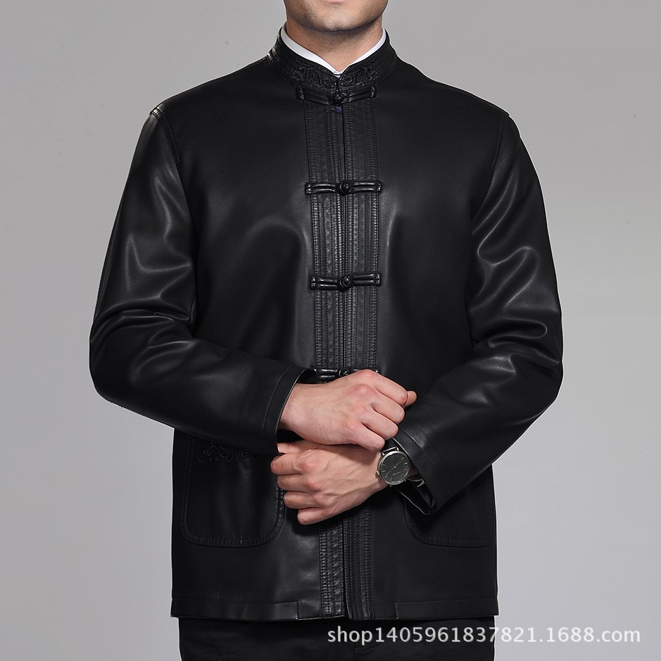2019男式夹克春秋新款皮衣绵羊皮男式皮衣唐装外套一件代发|ms
