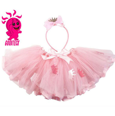 夏季新款甜美头饰 粉色公主tutu百褶裙皇冠印花涤纶童裙|ms