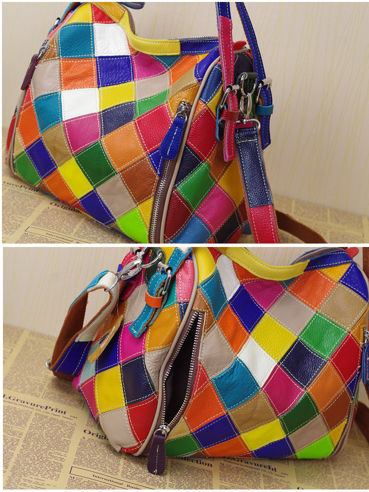 Women's Colorful Leather Shoulder Bag - Handbag With Leaf Stitching, Adjustable Strap (Multicolor)