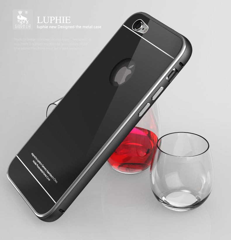 Luphie Aircraft Aluminum Metal Frame 9H Tempered Glass Back Cover Case for Apple iPhone 6S Plus