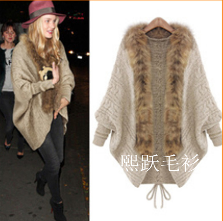 Suéter Cárdigan de Punto Holgado Estilo Europeo y Americano, Nuevo Otoño/Invierno 2025, Talla Grande, Manga Murciélago, Cuello de Piel