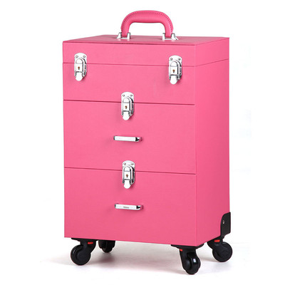 新款木质pu皮复古美发箱美甲箱20寸万向轮棺材箱木包皮抽屉拉杆箱