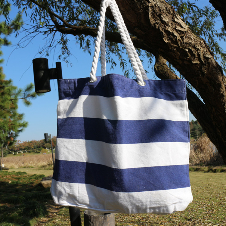 蓝白条纹厚帆布沙滩包粗手提挎包印花环保购物袋收纳包