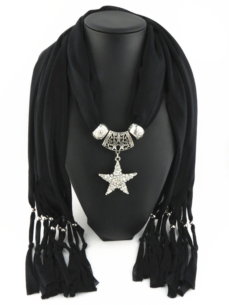 新款外贸流苏饰品围巾 合金五角星吊坠围巾 女士披肩围脖饰品围巾