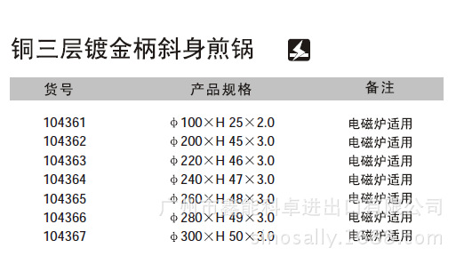 104361銅三層鍍金柄斜身煎鍋規格