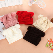 新款韓版寶寶冬季保暖帽子時尚可愛雙球帽兒童針織毛線帽批發