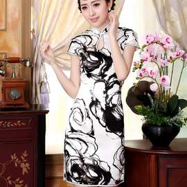 真丝复古经典蚕丝喷绘弹力缎修身双层短旗袍Z0019