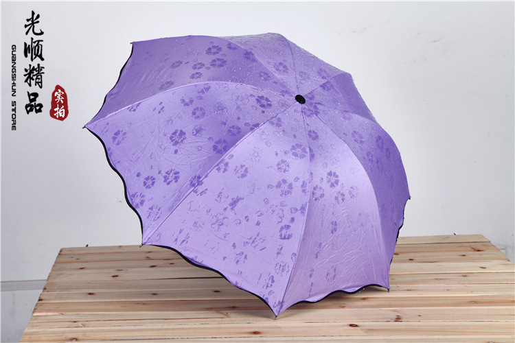 黑胶遇水开花雨伞 波浪边遮阳伞 创意拱形三折伞 公主伞太阳伞