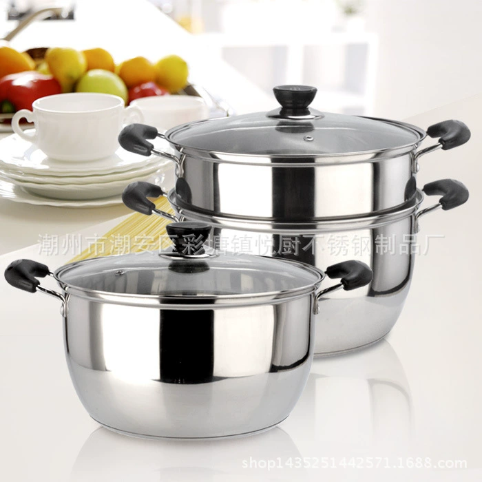 Factory direct sales stainless steel steamer extra thick double bottom cooking pot Korean soup pot multifunctional pot gift wholesale