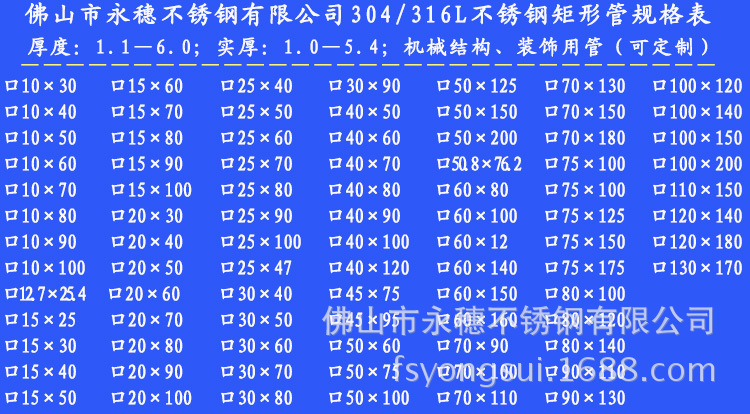 304_316L不锈钢矩形管规格表