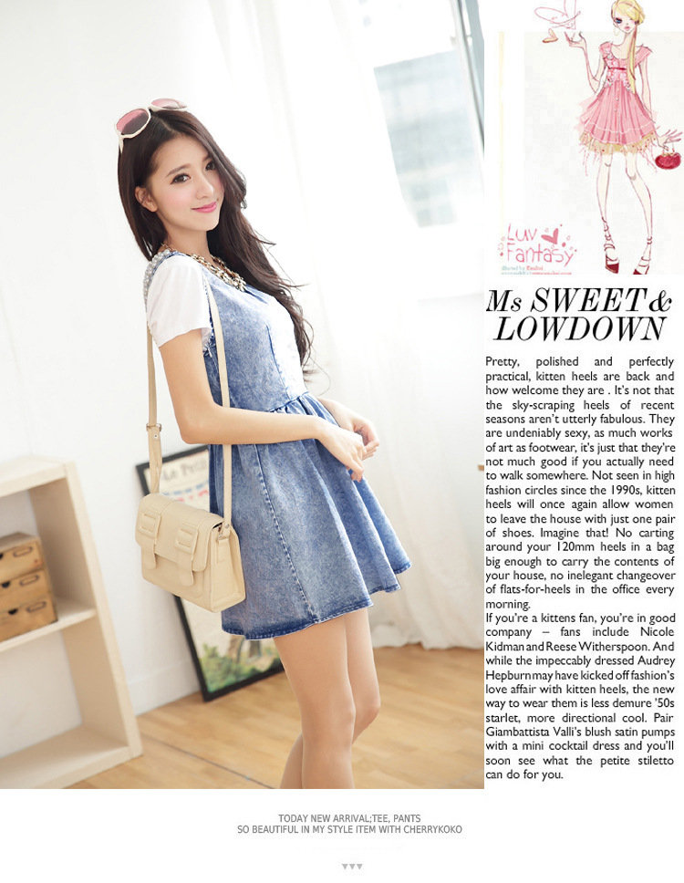 VK旗艦店 韓系學院風珍珠兩穿牛仔套裝無袖裙裝