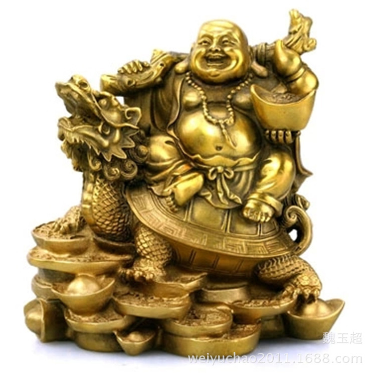 纯铜弥勒佛摆件龙龟背如意笑佛骑龙龟元宝布袋佛坐弥勒佛像家居