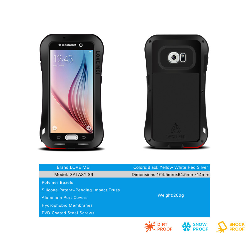 LOVE MEI Powerful Small Waist Water Resistant Shockproof Dust/Dirt/Snow Proof Aluminum Metal Outdoor Heavy Duty Case Cover for Samsung Galaxy S6