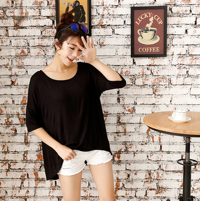 厂家直销 15春夏韩版宽松大码莫代尔短袖塌肩不规则百搭女装T恤