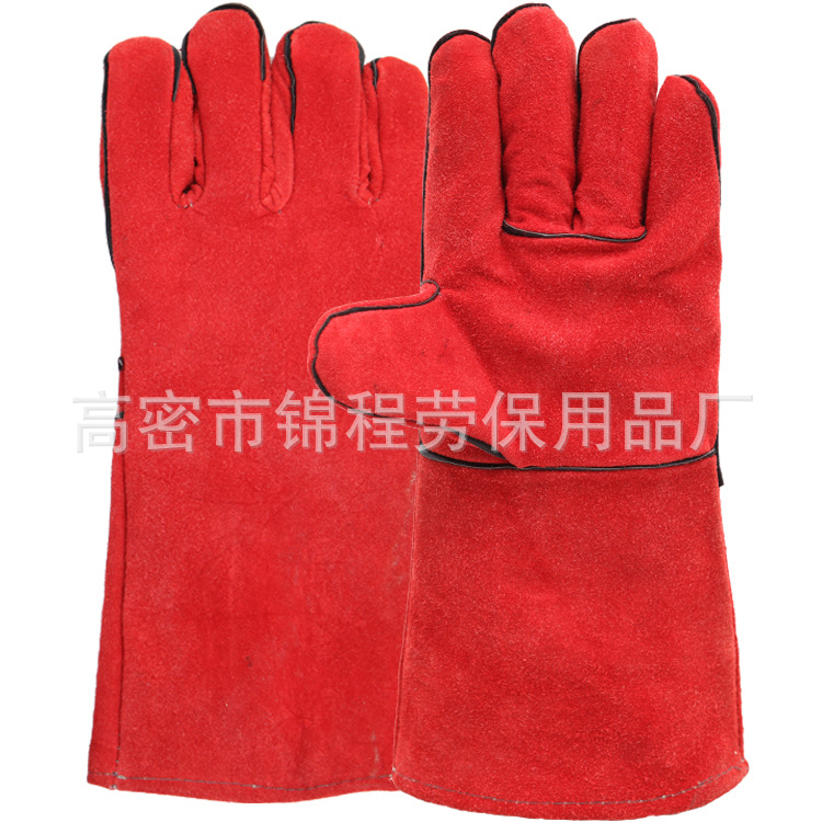 批发14寸BC级红色牛皮电焊 长款耐磨劳保手套 建筑工友焊工手套
