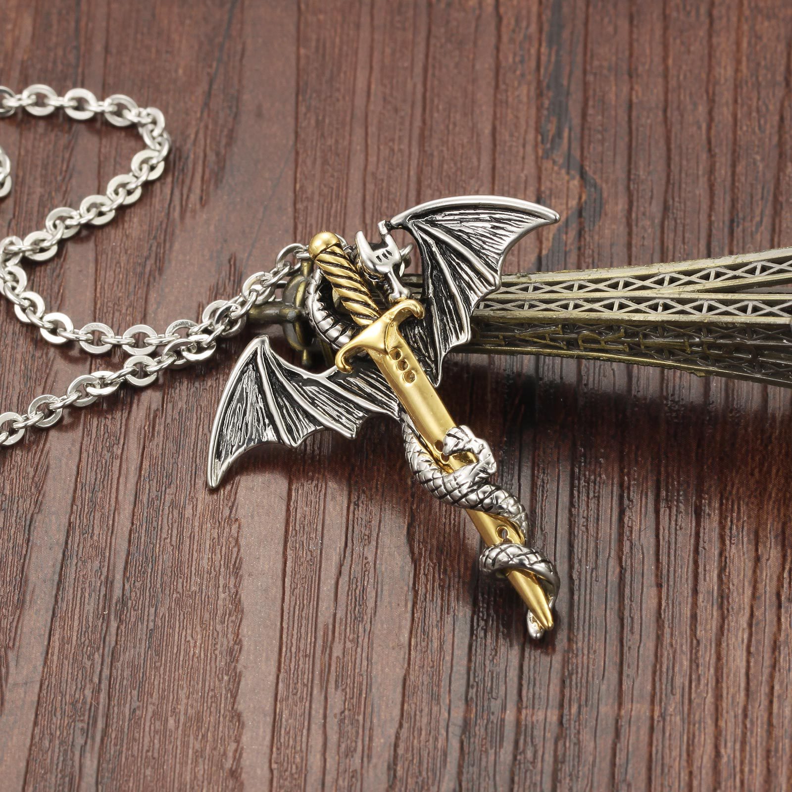 Taobao Supply European and American Trendy Men's Rock Fashion Pterosaur Golden Sword Men's Titanium Steel Necklace