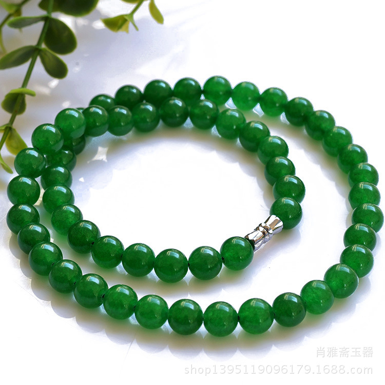 马来玉祖母绿项链 8mm圆珠帝王绿圆珠石英岩玉项链翠绿色妈妈链