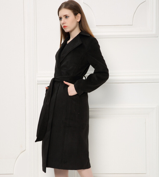 Fashion lapel super-long tie woolen overcoat Europe and America