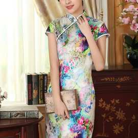 真丝复古经典蚕丝喷绘弹力缎修身双层短旗袍Z0006