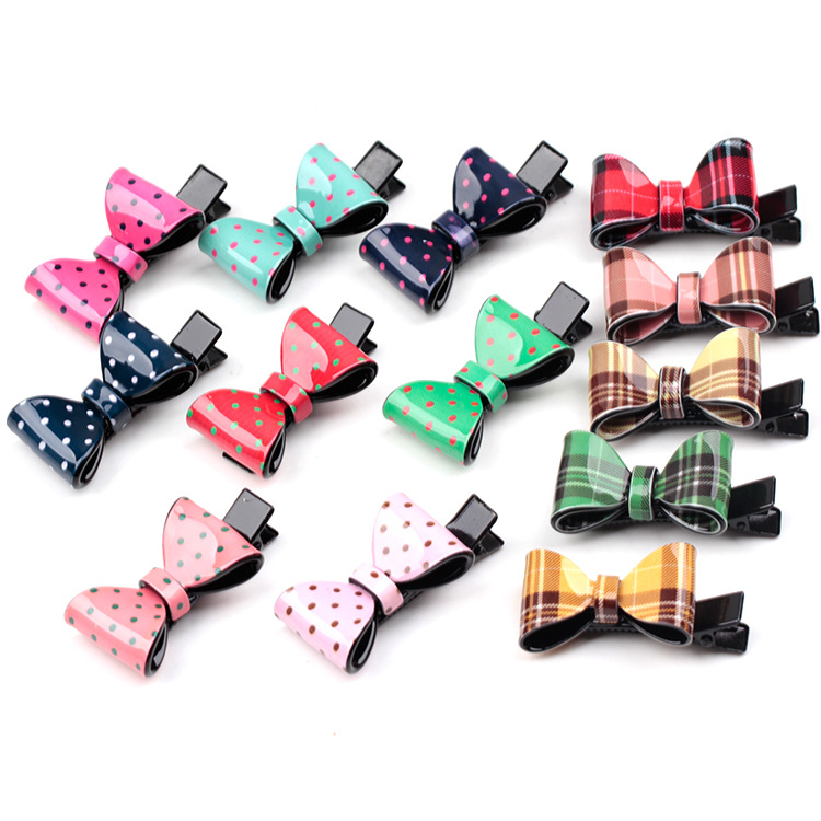 韩国头饰加厚亚克力可爱时尚简约发夹格纹蝴蝶结发饰品鸭嘴夹批发