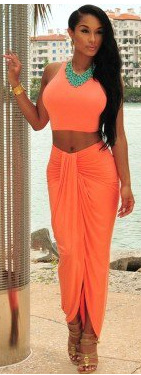 Fashionable Womens Summer Crop Top and Long Skirt Set Irregular Design Tie Detail Cotton Fabric Casual or Beach Wear