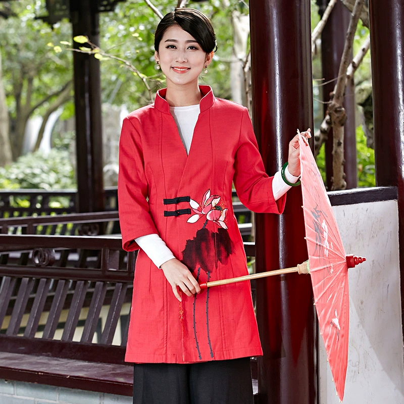 Весна и осень Новая женская Этническая культура Тан 2532 чернила печатных хлопка и льна с длинным рукавом Тан Топ