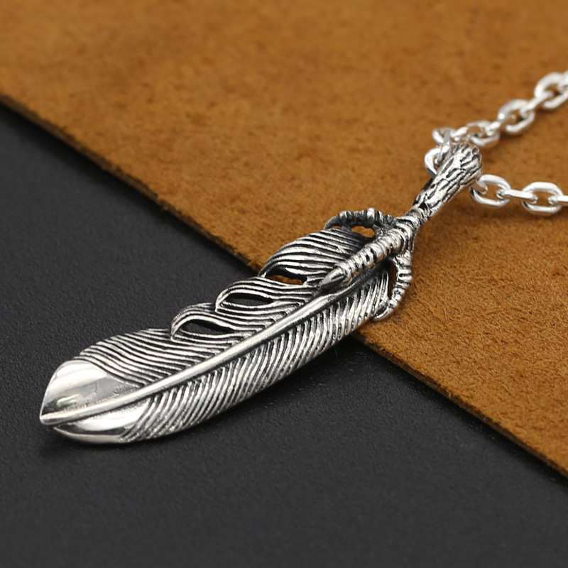 批发S925纯银饰品复古泰银男士款日韩手工个性鹰爪羽毛吊坠挂件新