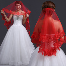新娘頭紗結婚婚紗配飾頭飾韓式高端花邊紅色頭紗新娘紅蓋頭紗2022