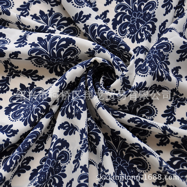 【翔龙印花 XL2937】新品 青花系列复古花卉仿真丝绒水洗绒面料
