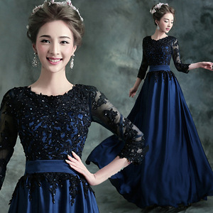 Wholesale long dress new blue black long sleeved bride wedding will perform host dinner