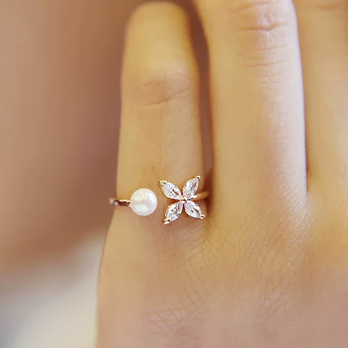One size ring, accessory from pearl, silver 925 sample, four-leaf clover, Korean style, 925 sample silver
