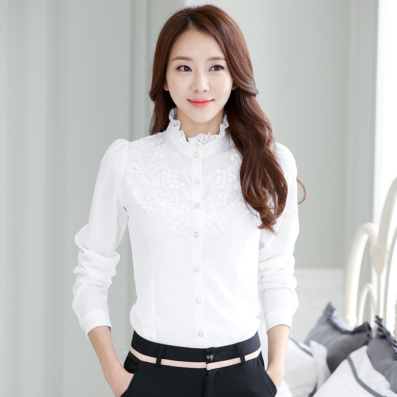 2015 Autumn New chiffon shirt stand collar lace long sleeve women's shirt Korean style large size chiffon shirt base shirt