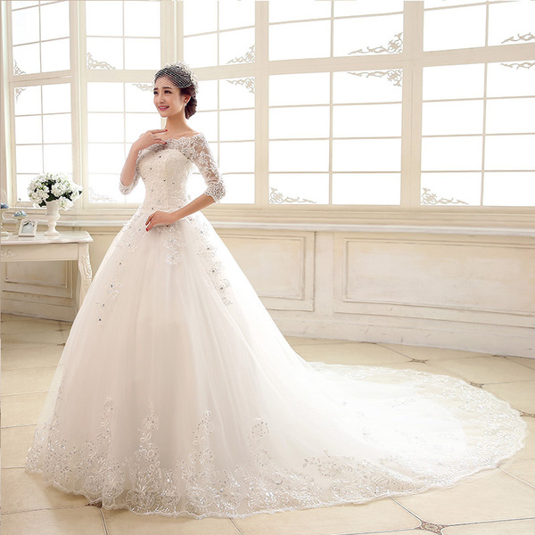 Wholesale bride wedding dress new spring long trailing one word shoulder middle sleeve lace