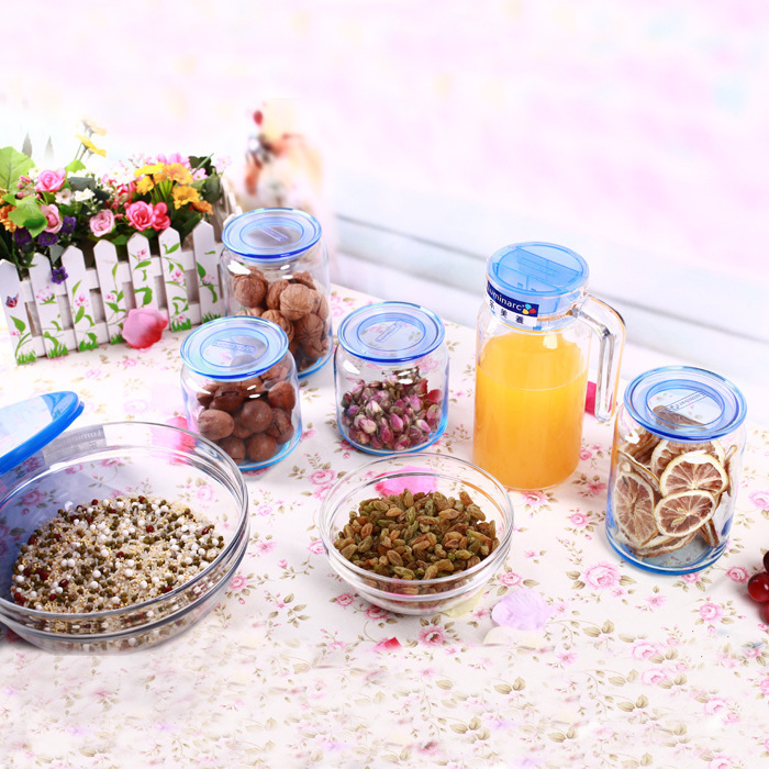 Lumeiya Blue Magic Kitchen Multifunctional Set Tempered Glass Bowl 8-Piece Set Cold Water Kettle Storage Jar