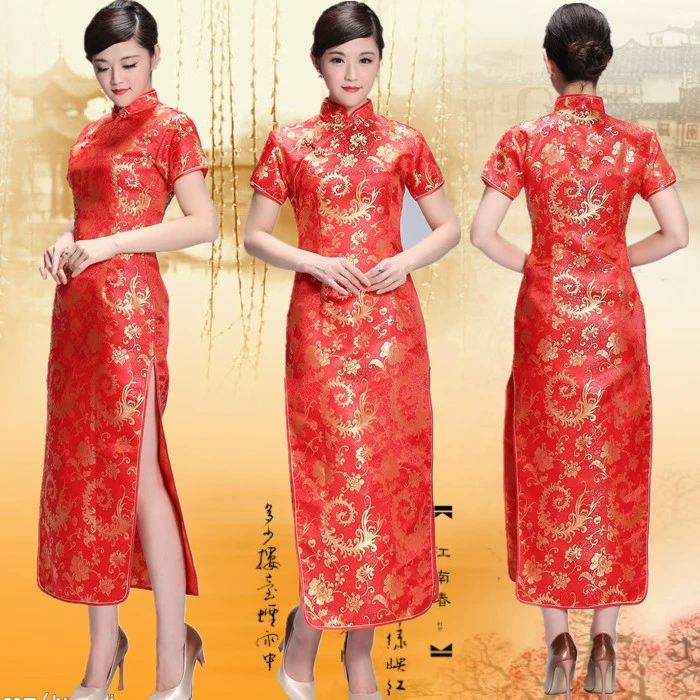 Dress, retro suit, long cheongsam, oolong tea Da Hong Pao, wholesale, Chinese style, with short sleeve, city style