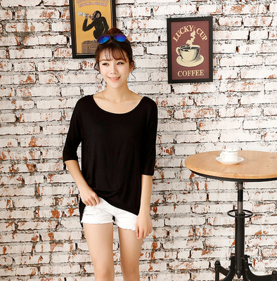 厂家直销 15春夏韩版宽松大码莫代尔短袖塌肩不规则百搭女装T恤