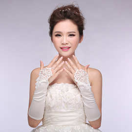 2024批发新娘婚纱礼服饰手套无指对花缎缝珠白色手套厂家直特价女