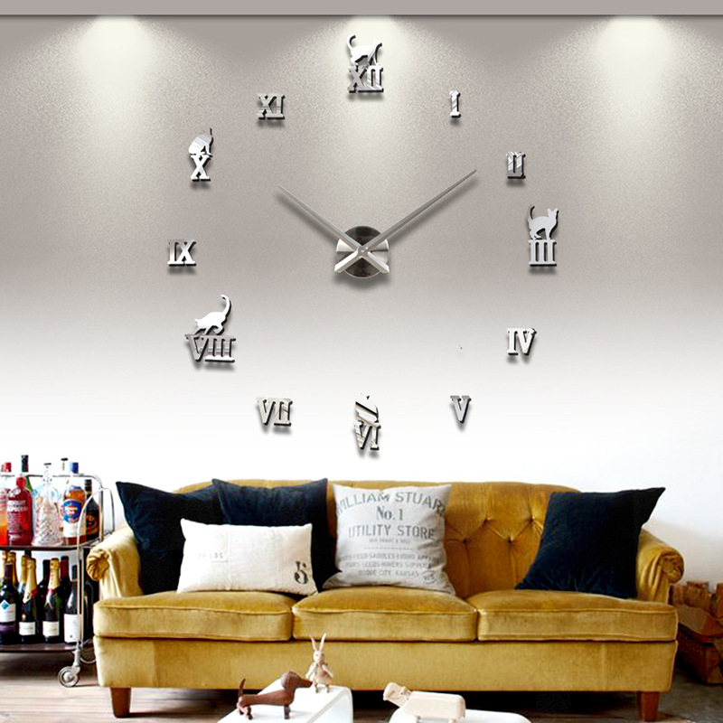亚马逊热卖亚克力DIY挂钟客厅创意装饰时钟北欧猫咪墙贴钟表clock