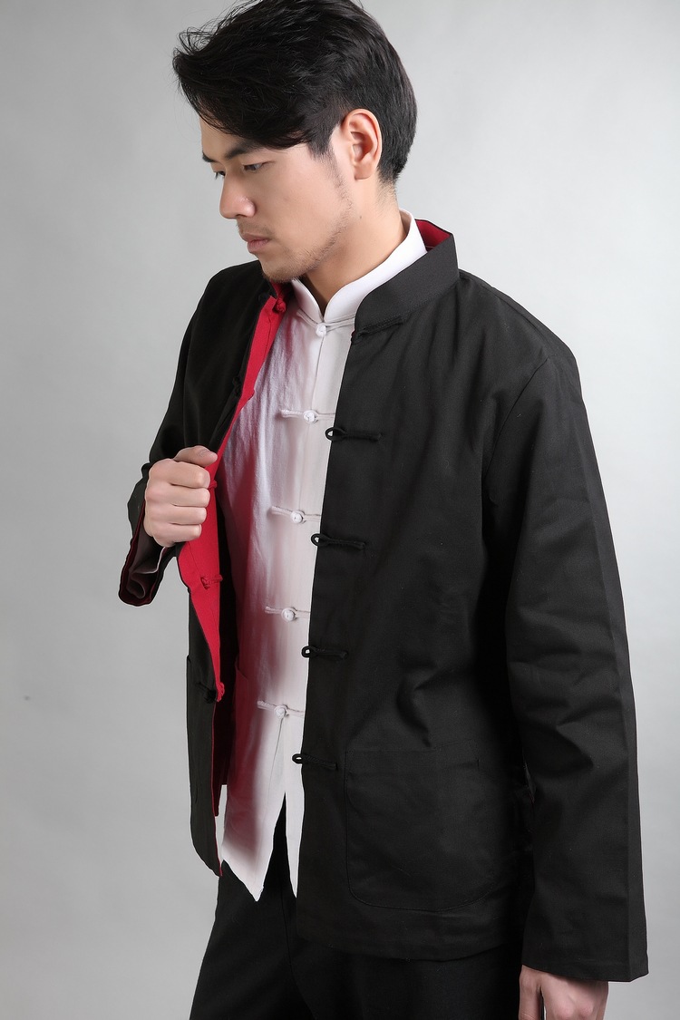 古装纯棉麻双面穿黑色秋冬季男装外套工作长袖上衣中式唐装民族服