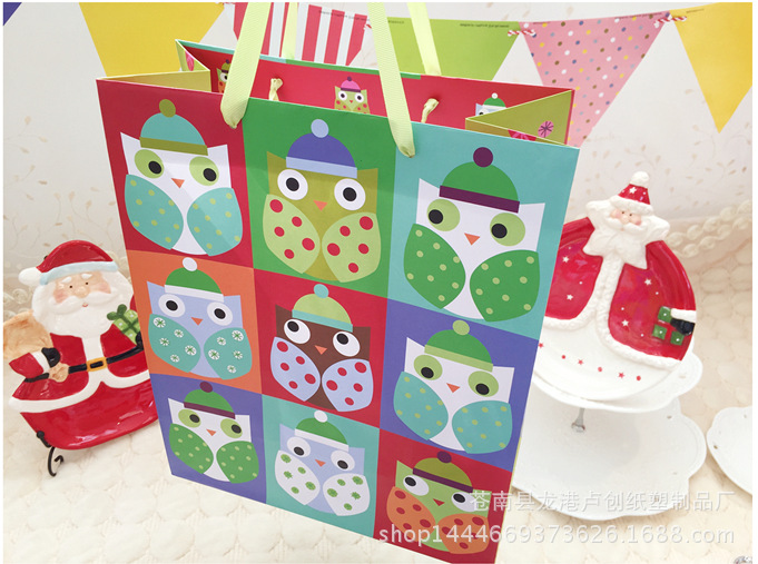 格子猫头鹰礼物包装袋 纸袋直销 复活节礼品袋牛皮纸袋批发