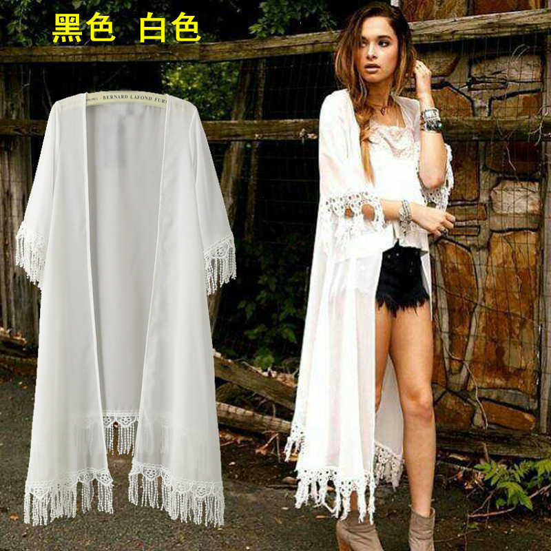 欧洲站蕾丝流苏飘逸防晒雪纺开衫 比基尼外搭珍珠雪纺裙|ms