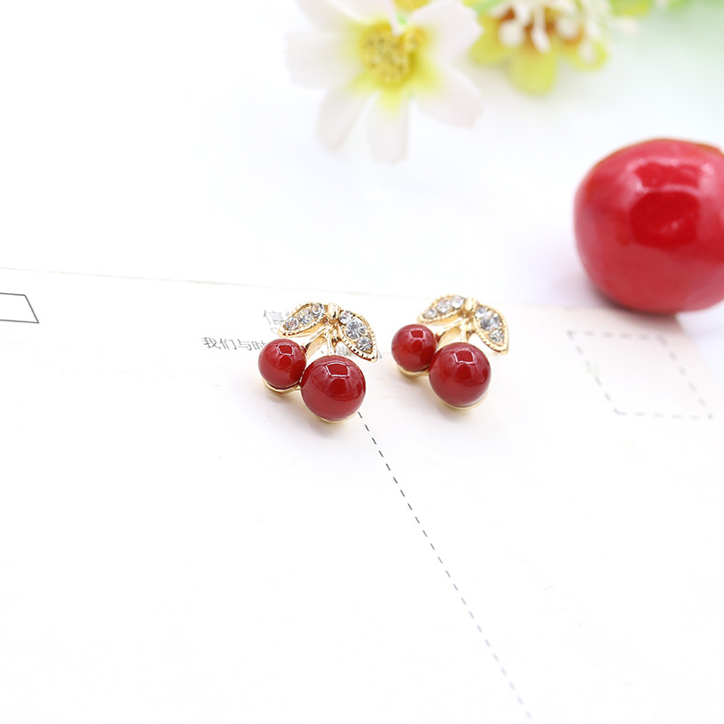 Cute Diamond Leaf Cherry Earrings display picture 4