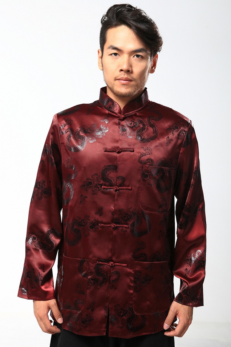 批发古装春秋冬季男装酒红绸缎外套工作服长袖上衣中式唐装民族服