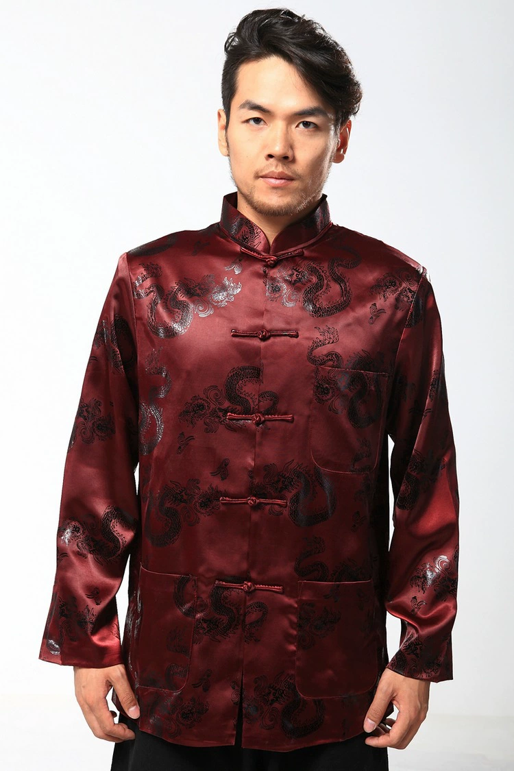 Оптовая продажа костюмов весна, осень и зима мужские бордовые шелковые и атласные пальто комбинезоны топы с длинными рукавами китайский костюм Тан этническая одежда