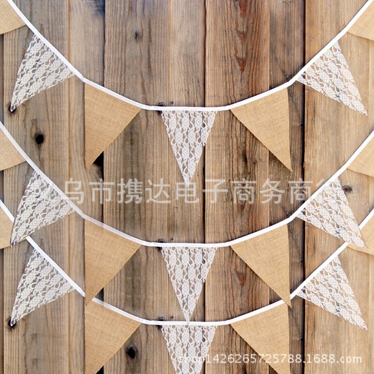 DIY手工辅料 欧美圣诞婚庆节日蕾丝装饰麻布三角旗 派对拉旗